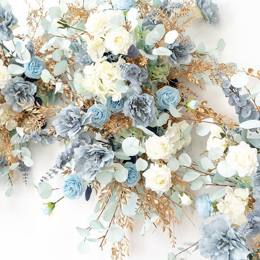 Haze Blue Gold Leaf Wedding Floor Floral Arrangement Event Stage Welcome Area Decor Props Arch Hang Flower Row Table Floral Ball #1063