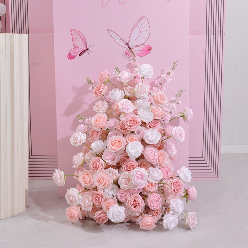 Pink White Rose Flower Arrangement Wedding Backdrop Arch KT Board Decor 5D Floor Floral Row Event Party Window Display Props #1095