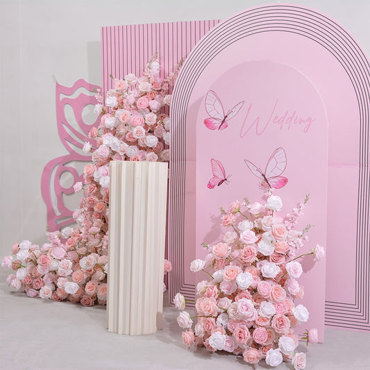 Pink White Rose Flower Arrangement Wedding Backdrop Arch KT Board Decor 5D Floor Floral Row Event Party Window Display Props #1095
