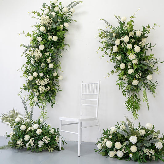 Green Willow Leaf Eucalyptus White Rose Arch Hang Floral Wedding Decor Flower Row Arrangement Party Event Banquet Floor Flowers #1062