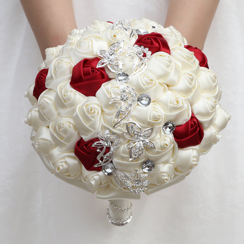 Handmade Luxury Wedding Bridal Bouquet Large Silk Rose Holding Toss Artificial Flowers Bouquets with Satin Ribbon Pearls Rhinestone for Bride Vintage Royal W2032