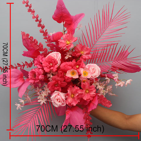 Red Wedding Backdrop Decor Rose Flower Row Artificial Oncidium Eucalyptus Road Lead Floor Floral Party Arch Decor Corner Flower #1134