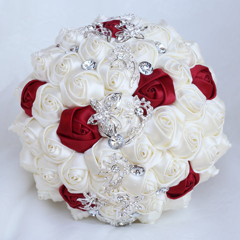 Handmade Luxury Wedding Bridal Bouquet Large Silk Rose Holding Toss Artificial Flowers Bouquets with Satin Ribbon Pearls Rhinestone for Bride Vintage Royal W2032