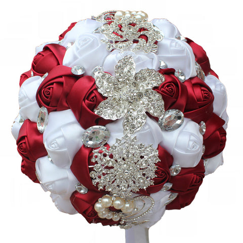 18cm 31 Colors Handmade Wedding Bridal Bouquet Rose Artificial Flowers Holding Toss Round Wedding Bouquets Sparkling Rhinestone Brooch Crystals Pearl W2031