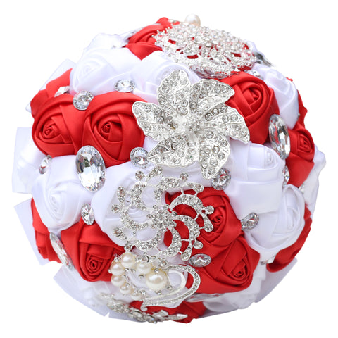 18cm 31 Colors Handmade Wedding Bridal Bouquet Rose Artificial Flowers Holding Toss Round Wedding Bouquets Sparkling Rhinestone Brooch Crystals Pearl W2031