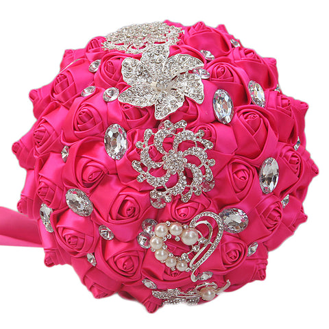 21cm Wedding Bouquet Artifical Rose Satin Jeweled Throw Bouquet Bridesmaid Holding Flowers Wedding Silk Flower W2027