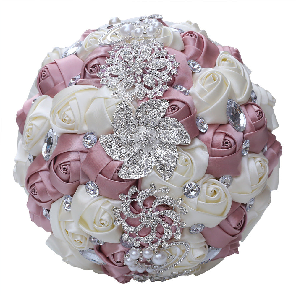 21cm Wedding Bouquet Artifical Rose Satin Jeweled Throw Bouquet Bridesmaid Holding Flowers Wedding Silk Flower W2027