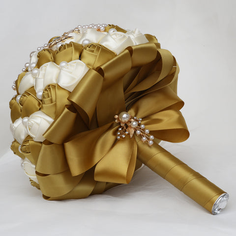 21cm Light Gold+Milk Handmade Holding Flowers Bridal Bouquet With Ribbon Rose Diamond Pearl Butterfly Diamond Alloy Diamond W2004