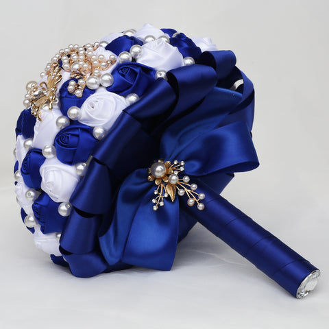 21cm Royal Blue+White Handmade Holding Flowers Bridal Bouquet With Ribbon Rose Diamond Pearl Butterfly Diamond Alloy Diamond W2003