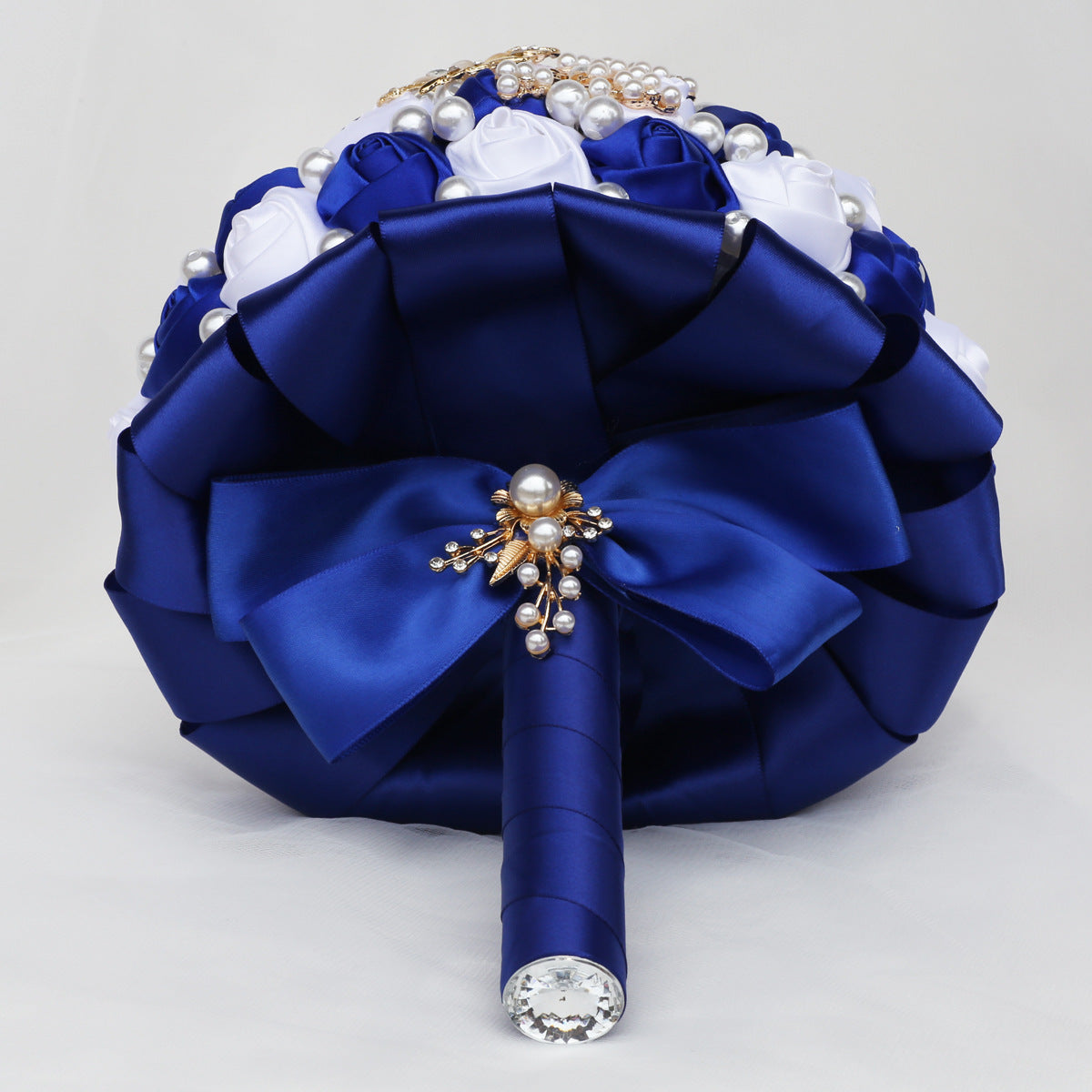 21cm Royal Blue+White Handmade Holding Flowers Bridal Bouquet With Ribbon Rose Diamond Pearl Butterfly Diamond Alloy Diamond W2003