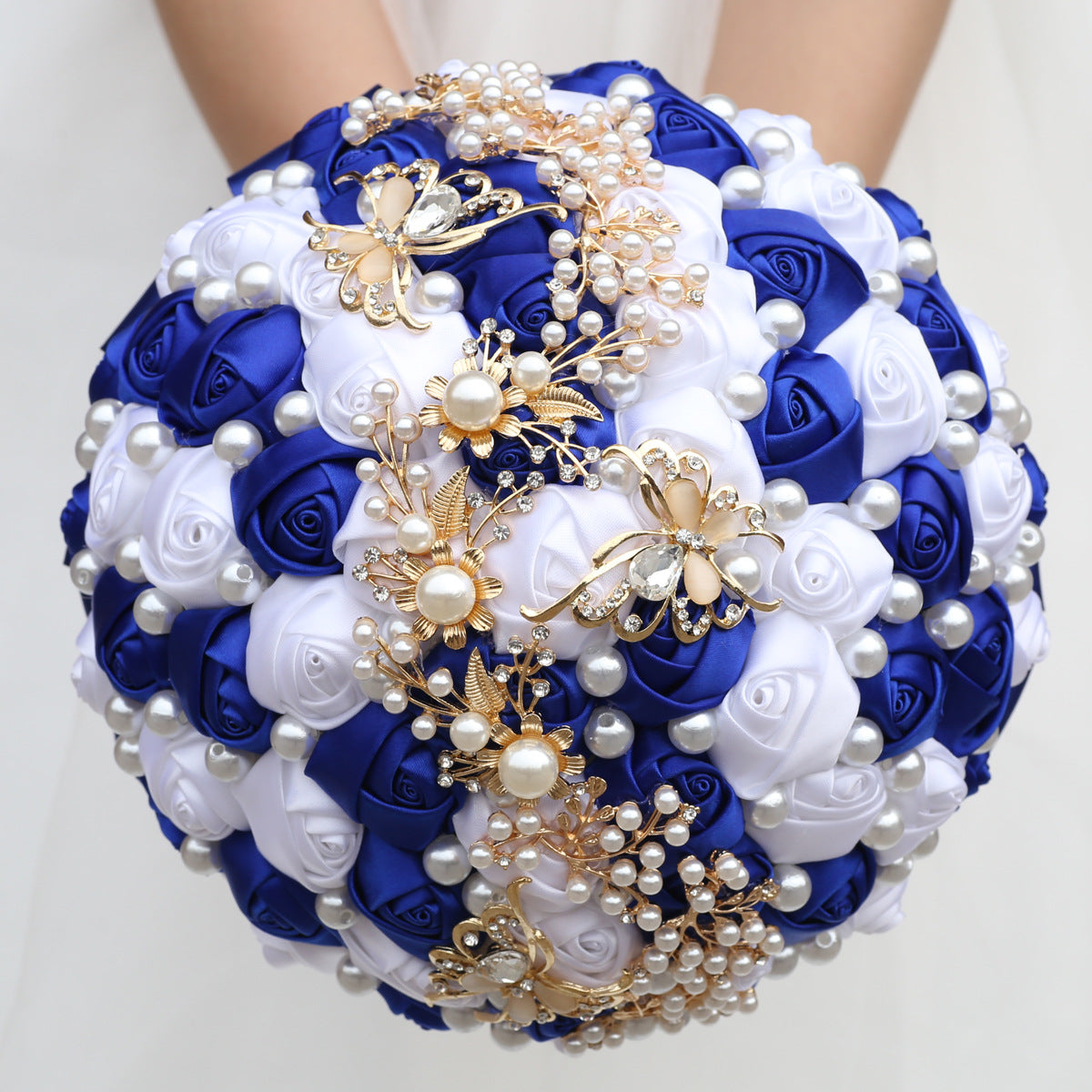 21cm Royal Blue+White Handmade Holding Flowers Bridal Bouquet With Ribbon Rose Diamond Pearl Butterfly Diamond Alloy Diamond W2003