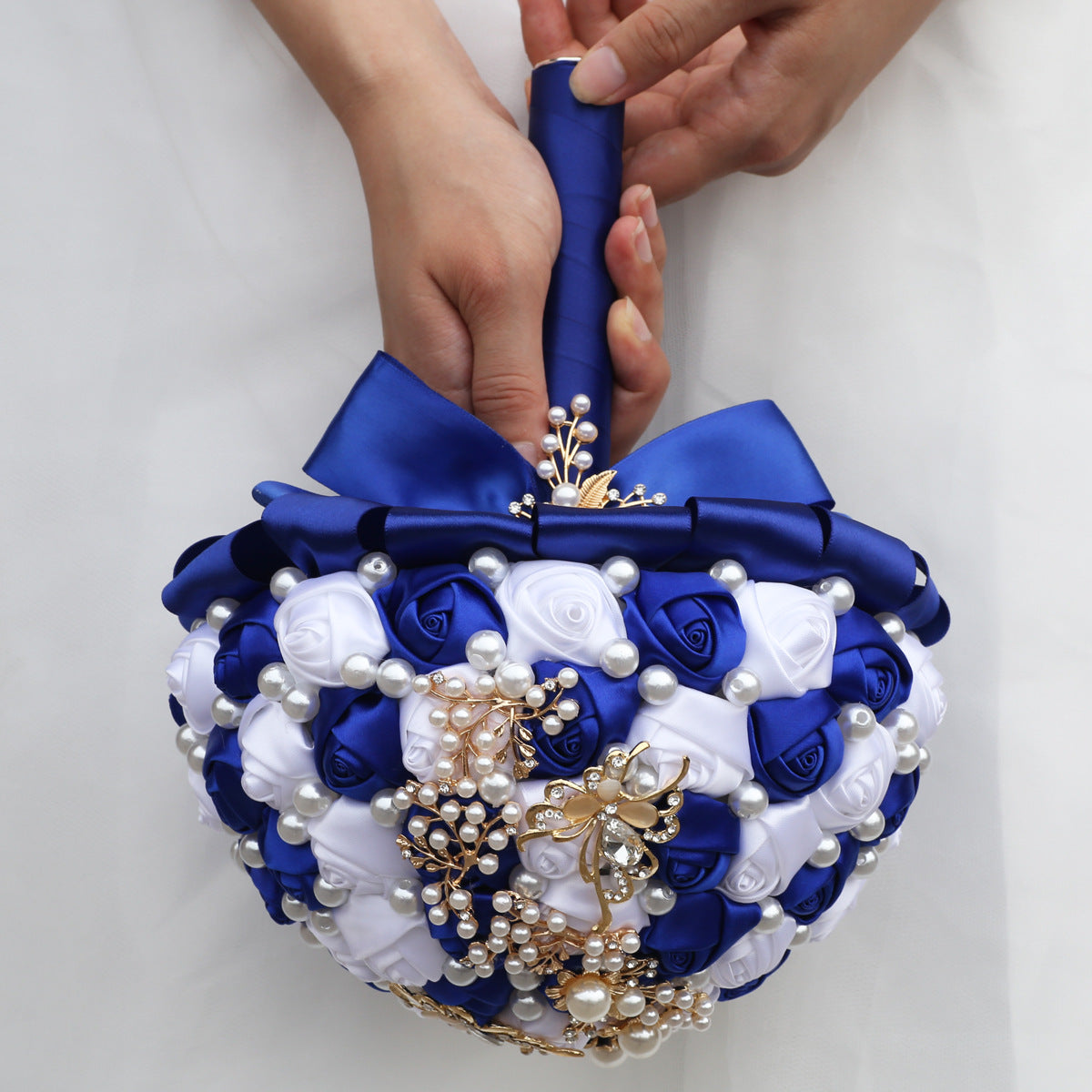 21cm Royal Blue+White Handmade Holding Flowers Bridal Bouquet With Ribbon Rose Diamond Pearl Butterfly Diamond Alloy Diamond W2003