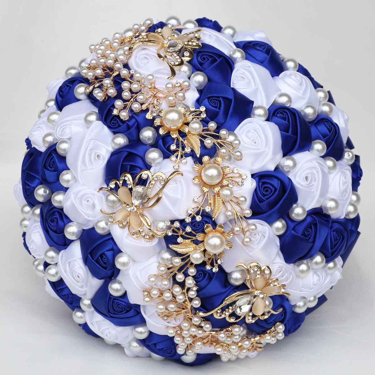 21cm Royal Blue+White Handmade Holding Flowers Bridal Bouquet With Ribbon Rose Diamond Pearl Butterfly Diamond Alloy Diamond W2003