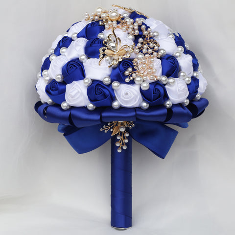 21cm Royal Blue+White Handmade Holding Flowers Bridal Bouquet With Ribbon Rose Diamond Pearl Butterfly Diamond Alloy Diamond W2003