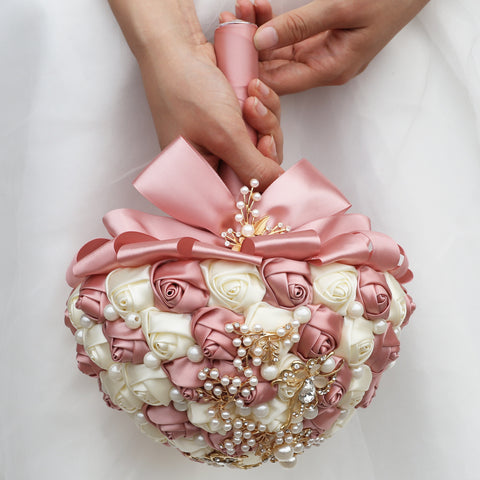 21cm Skin Powder+Milk Handmade Holding Flowers Bridal Bouquet With Ribbon Rose Diamond Pearl Butterfly Diamond Alloy Diamond W2005