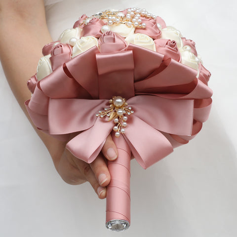 21cm Skin Powder+Milk Handmade Holding Flowers Bridal Bouquet With Ribbon Rose Diamond Pearl Butterfly Diamond Alloy Diamond W2005