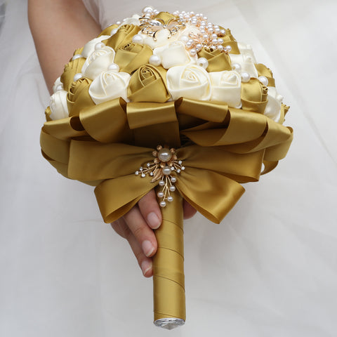 21cm Light Gold+Milk Handmade Holding Flowers Bridal Bouquet With Ribbon Rose Diamond Pearl Butterfly Diamond Alloy Diamond W2004