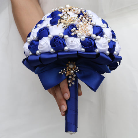 21cm Royal Blue+White Handmade Holding Flowers Bridal Bouquet With Ribbon Rose Diamond Pearl Butterfly Diamond Alloy Diamond W2003