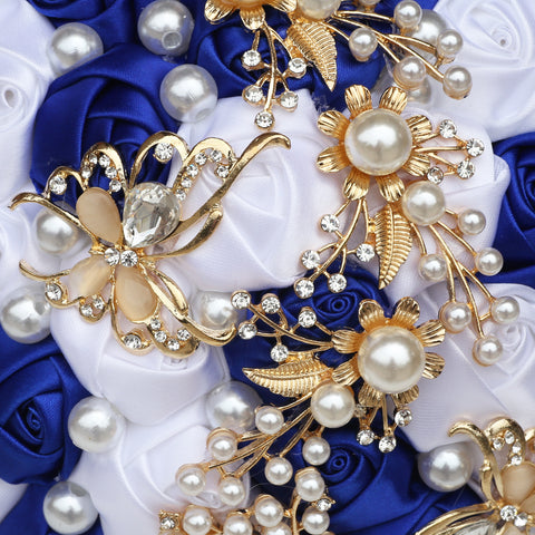 21cm Royal Blue+White Handmade Holding Flowers Bridal Bouquet With Ribbon Rose Diamond Pearl Butterfly Diamond Alloy Diamond W2003