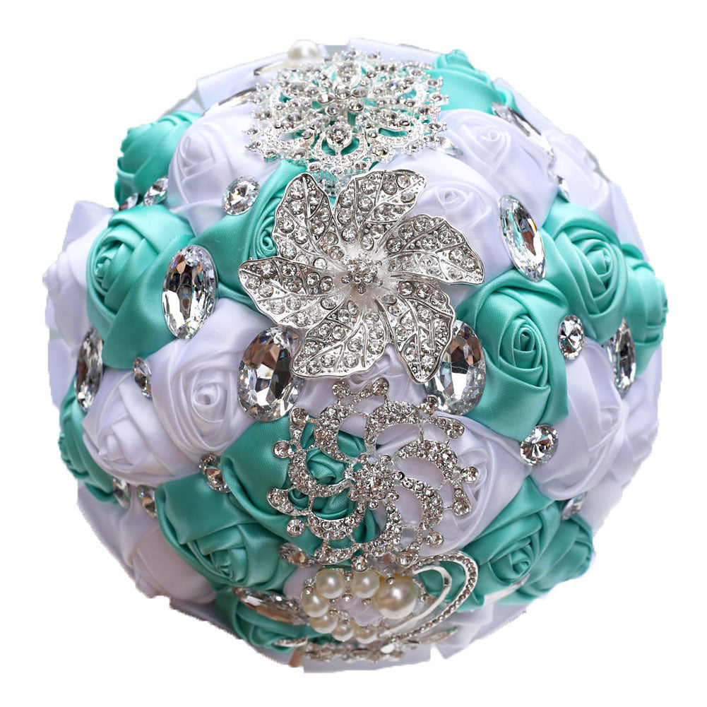 18cm 31 Colors Handmade Wedding Bridal Bouquet Rose Artificial Flowers Holding Toss Round Wedding Bouquets Sparkling Rhinestone Brooch Crystals Pearl W2031