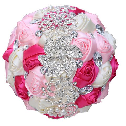 18cm 31 Colors Handmade Wedding Bridal Bouquet Rose Artificial Flowers Holding Toss Round Wedding Bouquets Sparkling Rhinestone Brooch Crystals Pearl W2031