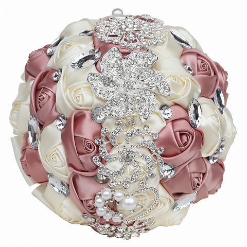 18cm 31 Colors Handmade Wedding Bridal Bouquet Rose Artificial Flowers Holding Toss Round Wedding Bouquets Sparkling Rhinestone Brooch Crystals Pearl W2031