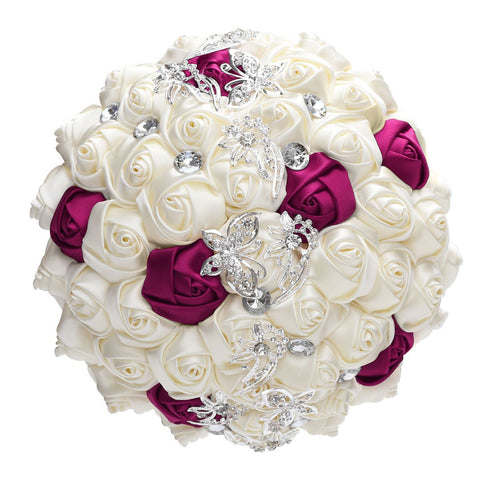 Handmade Luxury Wedding Bridal Bouquet Large Silk Rose Holding Toss Artificial Flowers Bouquets with Satin Ribbon Pearls Rhinestone for Bride Vintage Royal W2032