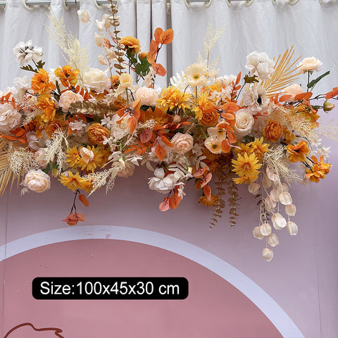 New wedding orange large row of flowers, champagne roses, artificial silk flower decoration, eucalyptus wedding road #1080