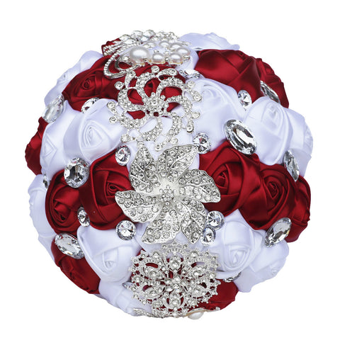 18cm 31 Colors Handmade Wedding Bridal Bouquet Rose Artificial Flowers Holding Toss Round Wedding Bouquets Sparkling Rhinestone Brooch Crystals Pearl W2031