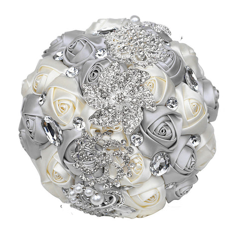 18cm 31 Colors Handmade Wedding Bridal Bouquet Rose Artificial Flowers Holding Toss Round Wedding Bouquets Sparkling Rhinestone Brooch Crystals Pearl W2031