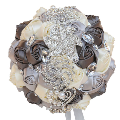 18cm 31 Colors Handmade Wedding Bridal Bouquet Rose Artificial Flowers Holding Toss Round Wedding Bouquets Sparkling Rhinestone Brooch Crystals Pearl W2031