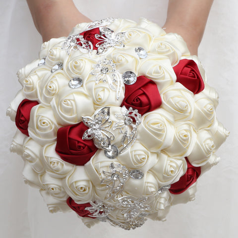 Handmade Luxury Wedding Bridal Bouquet Large Silk Rose Holding Toss Artificial Flowers Bouquets with Satin Ribbon Pearls Rhinestone for Bride Vintage Royal W2032