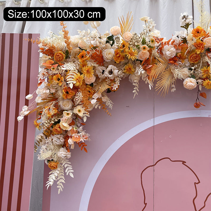 New wedding orange large row of flowers, champagne roses, artificial silk flower decoration, eucalyptus wedding road #1080