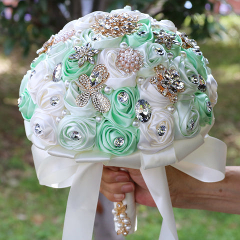 22cm New Style Luxury Bridal Bouquet Bride Bridesmaid Quinceanera Satin Rose Flower Bouquet Wedding Champagne and Ivory W2037