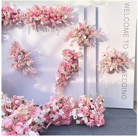 Custom-made Pink Wedding Simulation Flower Wedding Flower Arrangement Background Flower Arrangement Props Corner Flower Wrought Iron Road Flower Arrangement #1056