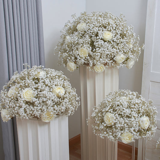 40/50/60/70/80cm White Baby Breath Rose Artificial Flower Ball Wedding Table Centerpiece Deco Gypsophila Floral Event Party Prop #1027