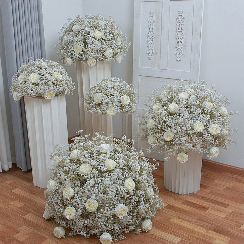 40/50/60/70/80cm White Baby Breath Rose Artificial Flower Ball Wedding Table Centerpiece Deco Gypsophila Floral Event Party Prop #1027