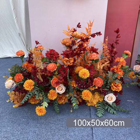 Neue Hochzeit großer Stil Herbst Mandarine Boden Blumenarrangement Simulation Seidenblumendekoration Eukalyptus Blumenarrangement T-Plattform Straße führende Hochzeit