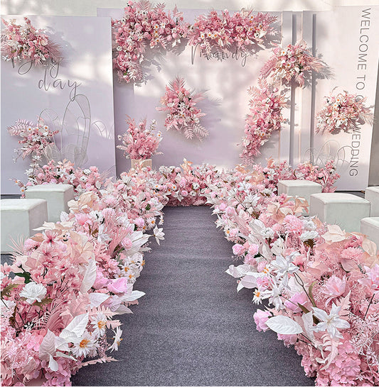 Custom-made Pink Wedding Simulation Flower Wedding Flower Arrangement Background Flower Arrangement Props Corner Flower Wrought Iron Road Flower Arrangement #1056