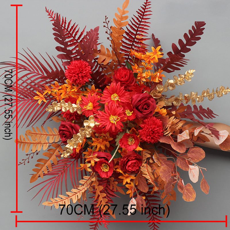 Red Wedding Backdrop Decor Rose Flower Row Artificial Oncidium Eucalyptus Road Lead Floor Floral Party Arch Decor Corner Flower #1134