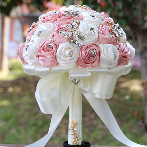 22cm New Style Luxury Bridal Bouquet Bride Bridesmaid Quinceanera Satin Rose Flower Bouquet Wedding Champagne and Ivory W2037