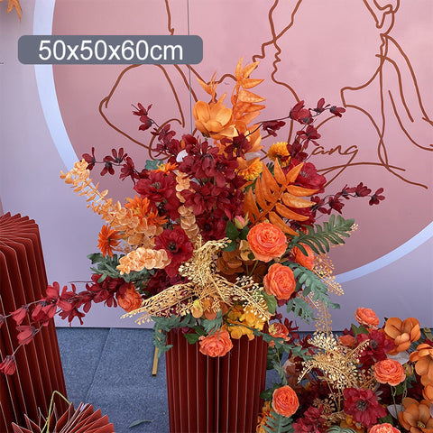 Neue Hochzeit großer Stil Herbst Mandarine Boden Blumenarrangement Simulation Seidenblumendekoration Eukalyptus Blumenarrangement T-Plattform Straße führende Hochzeit