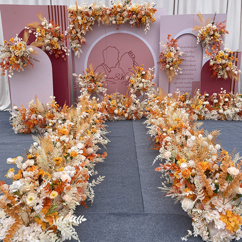 New wedding orange large row of flowers, champagne roses, artificial silk flower decoration, eucalyptus wedding road #1080