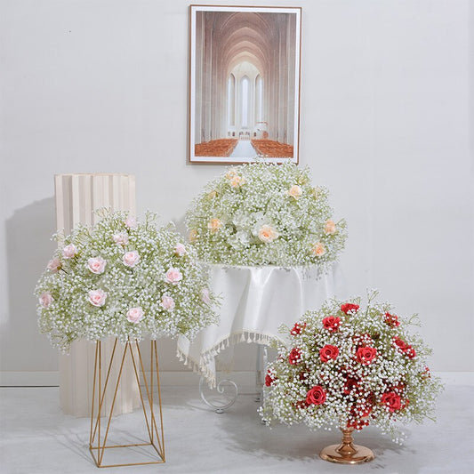 60cm White Babysbreath Rose Table Centerpieces Floral Ball Wedding Table Decoration Flower Arrangement Birthday Party Prop #1013