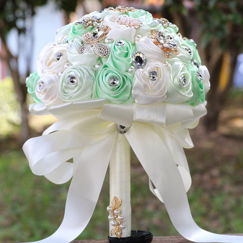 22cm New Style Luxury Bridal Bouquet Bride Bridesmaid Quinceanera Satin Rose Flower Bouquet Wedding Champagne and Ivory W2037