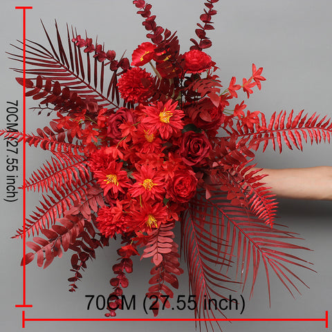 Red Wedding Backdrop Decor Rose Flower Row Artificial Oncidium Eucalyptus Road Lead Floor Floral Party Arch Decor Corner Flower #1134