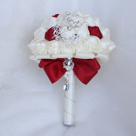 Handmade Luxury Wedding Bridal Bouquet Large Silk Rose Holding Toss Artificial Flowers Bouquets with Satin Ribbon Pearls Rhinestone for Bride Vintage Royal W2032