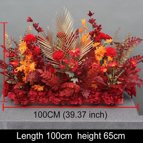 Red Wedding Backdrop Decor Rose Flower Row Artificial Oncidium Eucalyptus Road Lead Floor Floral Party Arch Decor Corner Flower #1134