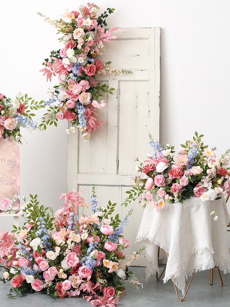 Artificial Wedding Arch Flowers Row Backdrop Arrange Pink Blue Foral Ball Table Centerpieces Decor Event Party Welcome Sign Prop #1040