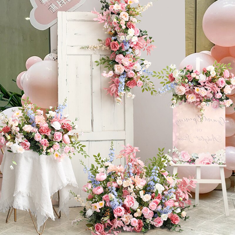 Artificial Wedding Arch Flowers Row Backdrop Arrange Pink Blue Foral Ball Table Centerpieces Decor Event Party Welcome Sign Prop #1040